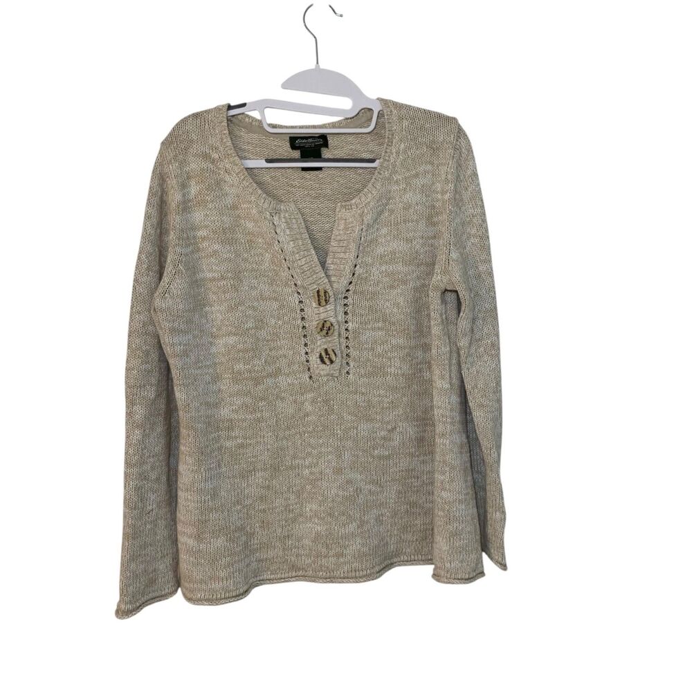 Eddie Bauer Womens Brown Beige Pullover Knit Henley Sweater L Outdoors Camping
